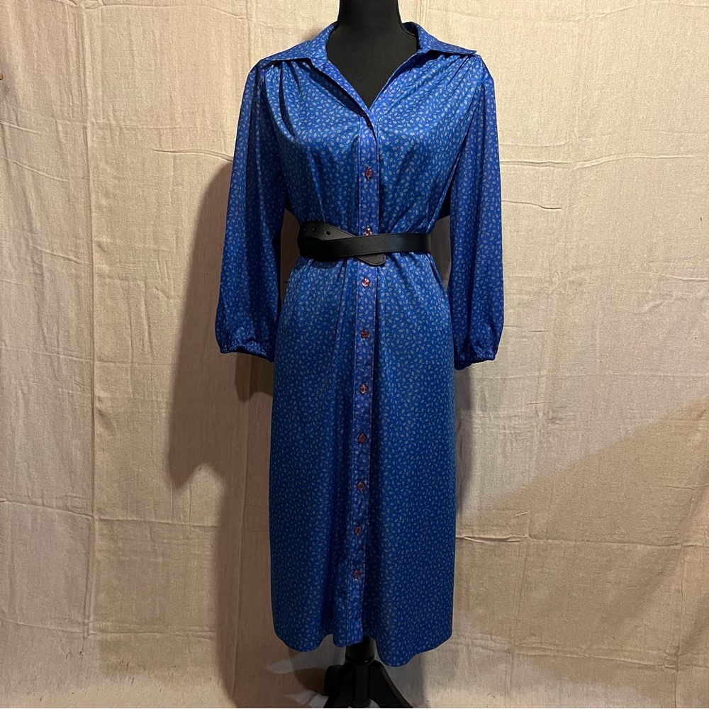Vintage 60s Blue Sailboat Pattern Button Down Dress